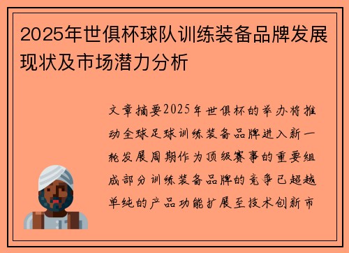 2025年世俱杯球队训练装备品牌发展现状及市场潜力分析